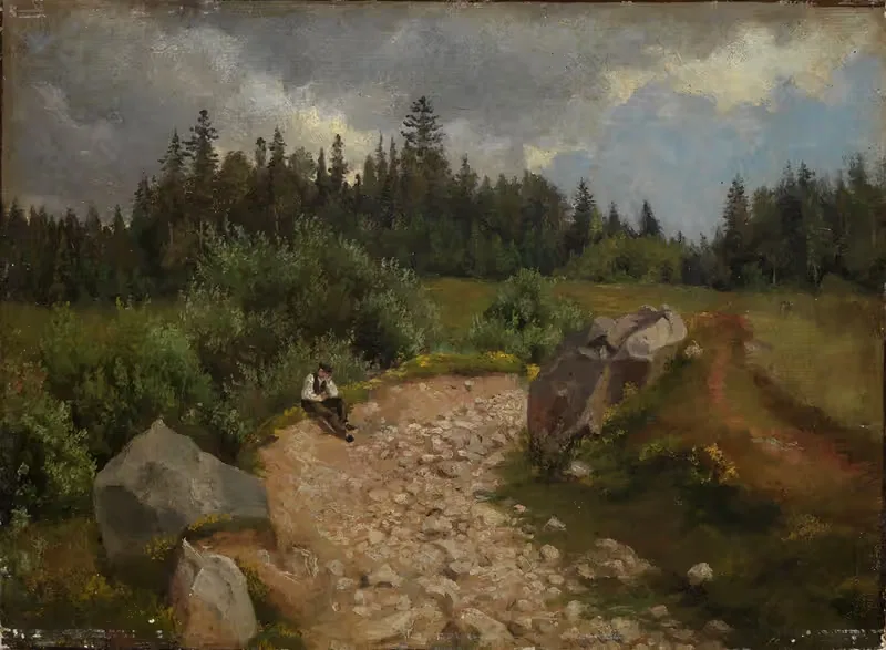 Steiniger Weg am Waldrand mit sitzendem Mann by Hans Thoma, 1860 — digital art print download