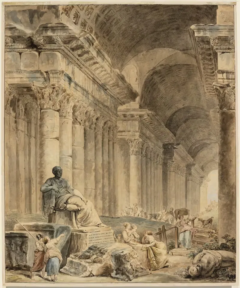 Gewölbte Säulengalerie mit antikischer Sitzstatue — Hubert Robert