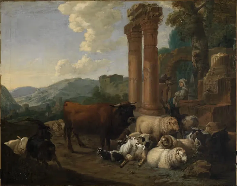 Hirtenszene in römischer Ruinenlandschaft — Johann Heinrich Roos