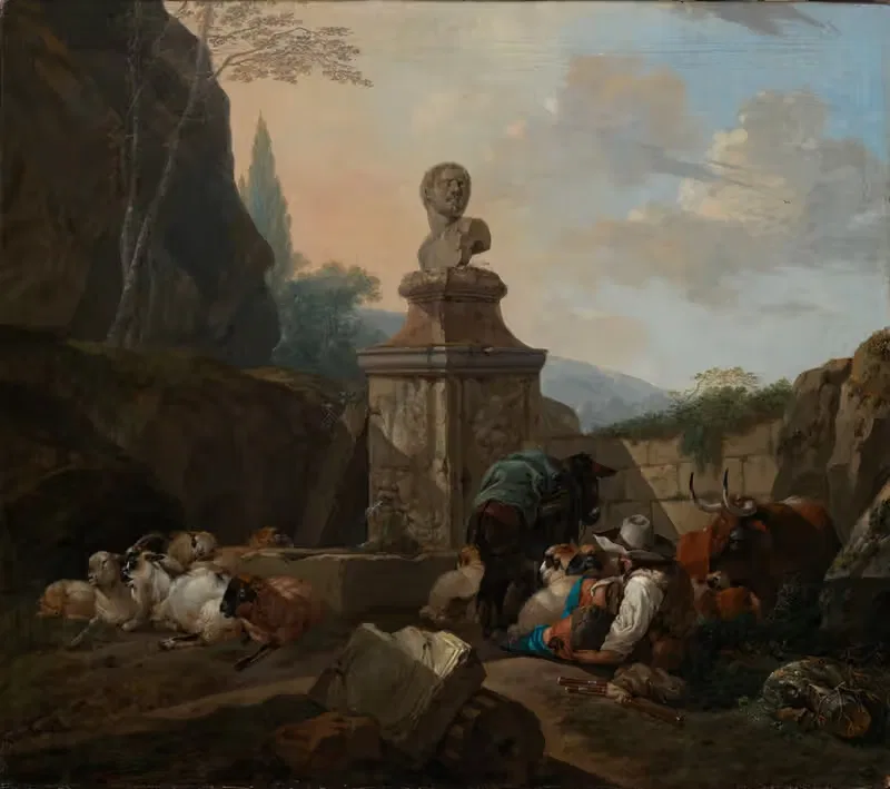 Ruhender Hirt und Herde an römischem Brunnen — Johann Heinrich Roos
