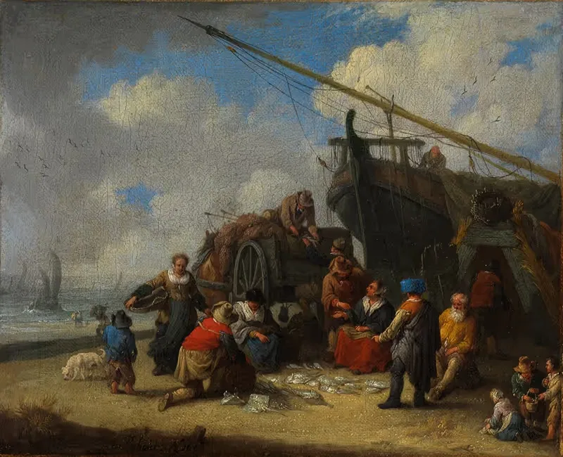Рыбный рынок на пляже by Питер Бут, 1683 — digital art print download