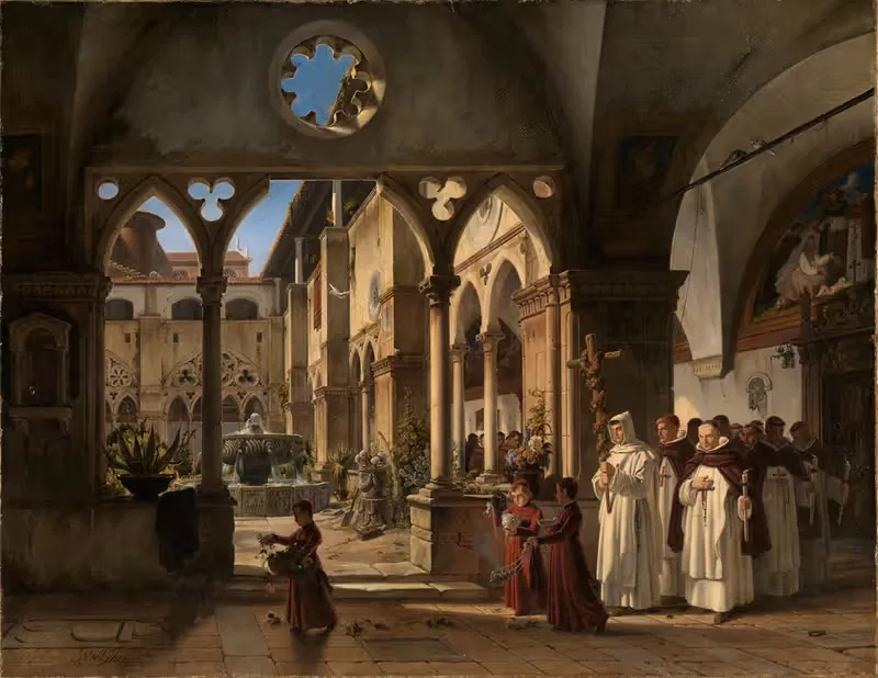 Klosterhof mit Prozession von Trinitariermönchen — Wilhelm Gail