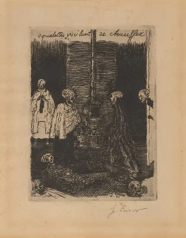 Geraamten die zich willen warmen — James Ensor