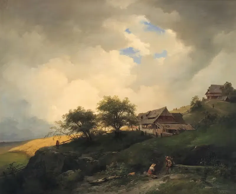A landscape with peasant huts near a cornfield — Ignaz Raffalt