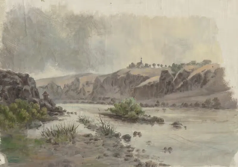 Church on a Bank above a River — Jan Nowopacký