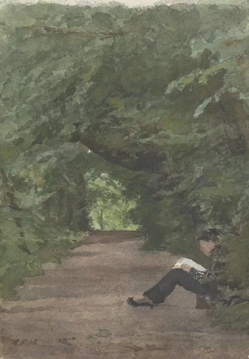 Читающий человек в лесной аллее by Ян Вет, 1874 - 1925 — digital art print download