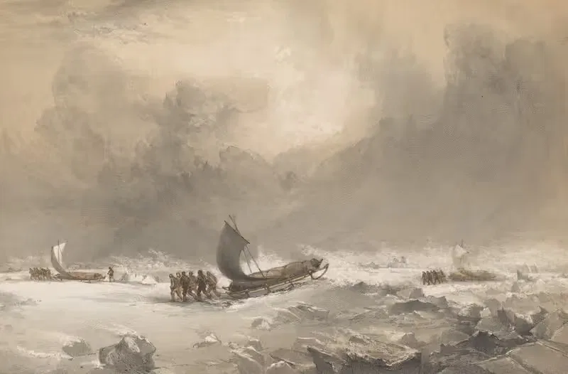Sledges in a fresh fair wind, going over Hummocky Ice — Walter William May