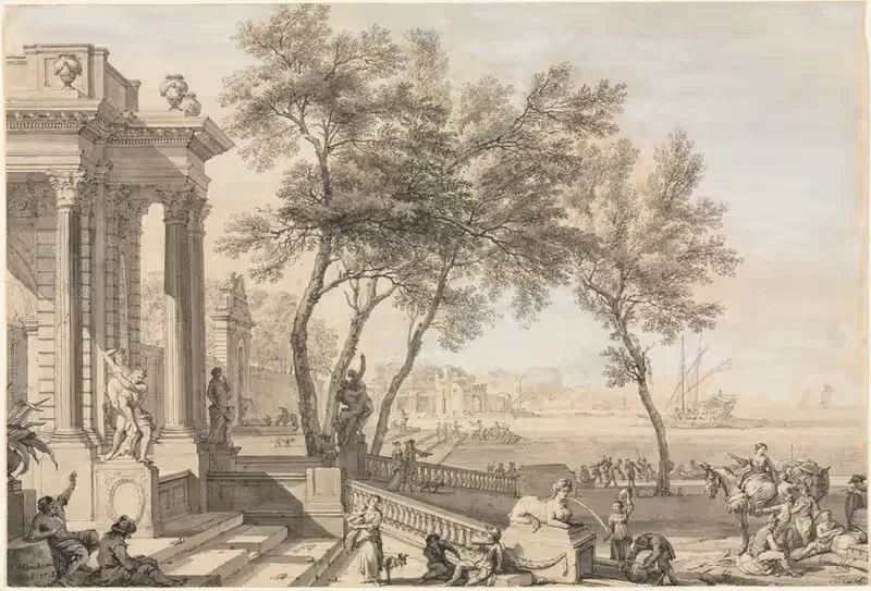 Fantastic Harbor Scene with Architecture and Figures — Isaac de Moucheron