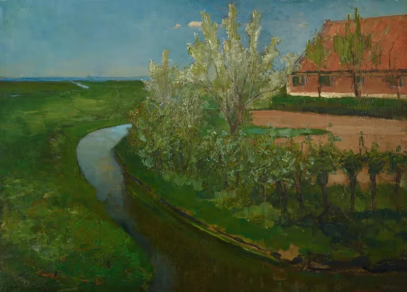 Curved Irrigation Ditch Bordering Farmyard with Flowering Trees — Piet Mondrian