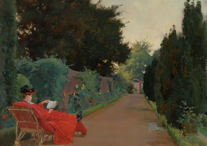 A young woman reading on a garden path — Alfred William Parsons