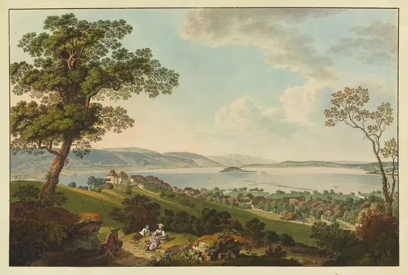 Vûe de Cerlier et, du Lac de Bienne — Johann Ludwig Aberli