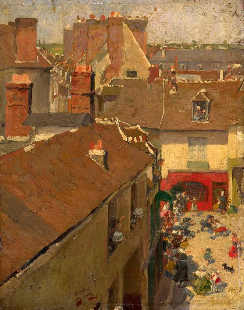 Rixe sur une place de village, vue de haut — André Victor Édouard Devambez