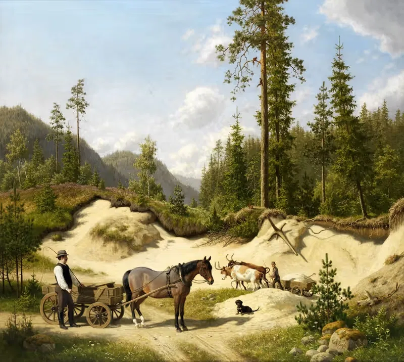 Two men with carts in front of a pine forest — Carl Bøgh
