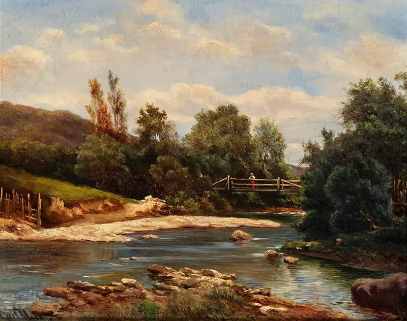 Пейзаж с ручьем и мостом by Карл Молл, 1879 — digital art print download