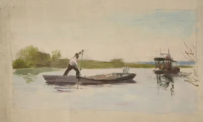 Homme dirigeant une péniche sur un fleuve — Jeanne Jegou-Cadart