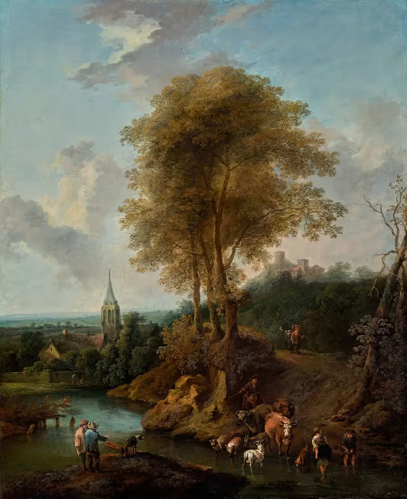 Пейзаж с тремя деревьями и церковью by Кристиан Хильгутт Бранд, 1746 — digital art print download