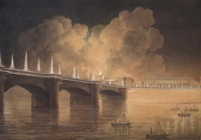 Fête pour la paix générale donnée à Paris le 18 Brumaine an 10. Illumination du Pont & de la Place de la Concorde by…