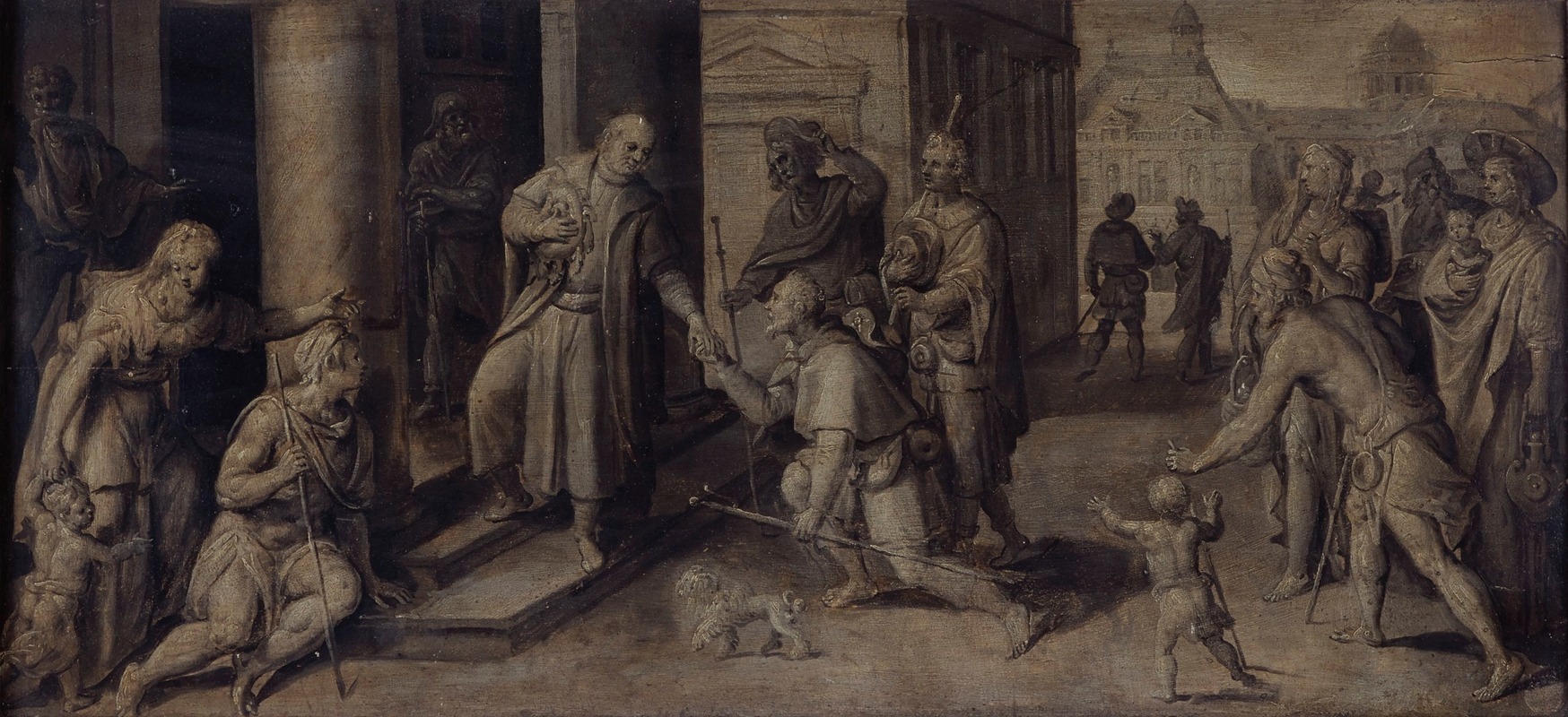 Saint Luke Giving three Pilgrims Alms by Мартен де Вос — digital art print download