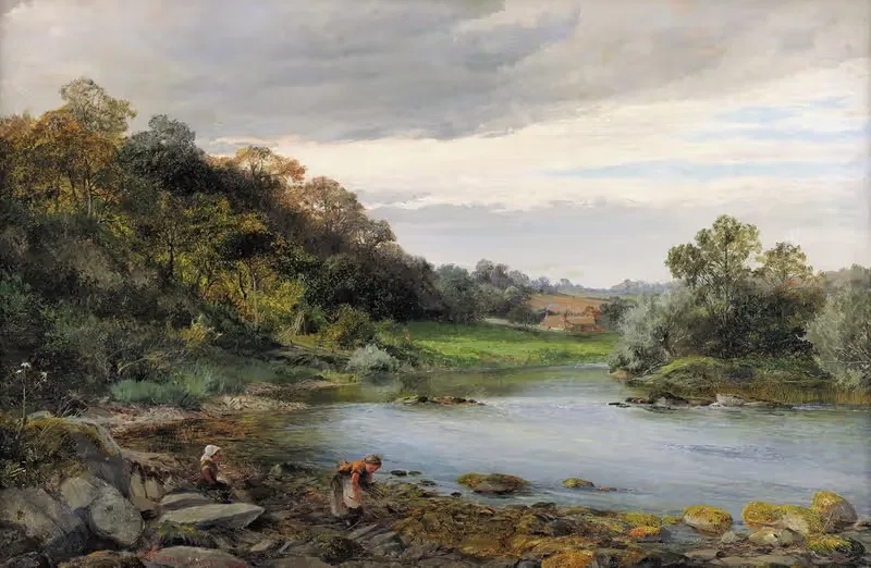 Children Collecting Firewood by a River — David Bates