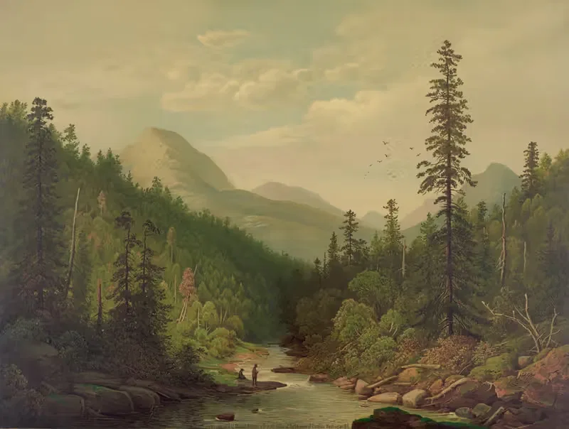Mountain scene, 2 men, 1 fishing — Edmund Foerster & Co.