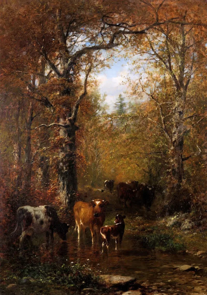 Cattle by a Stream in a Wooded Landscape — James McDougal Hart