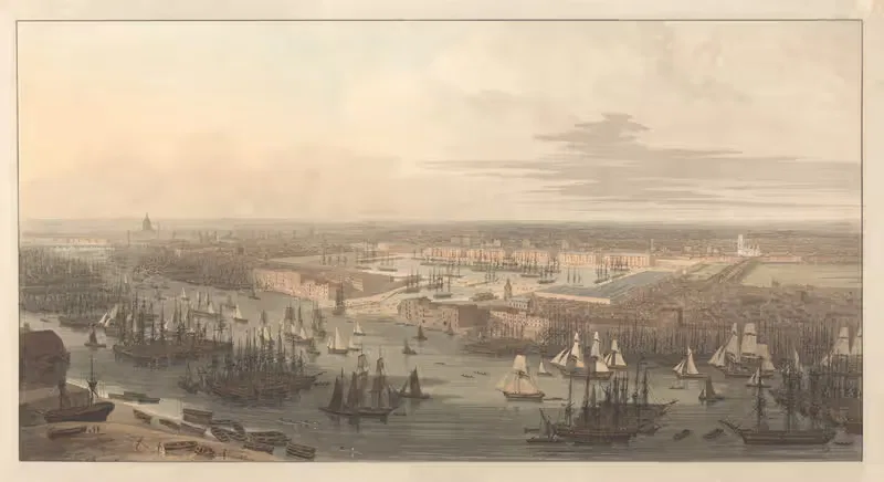 An Elevated View of the New Dock in Wapping — William Daniell