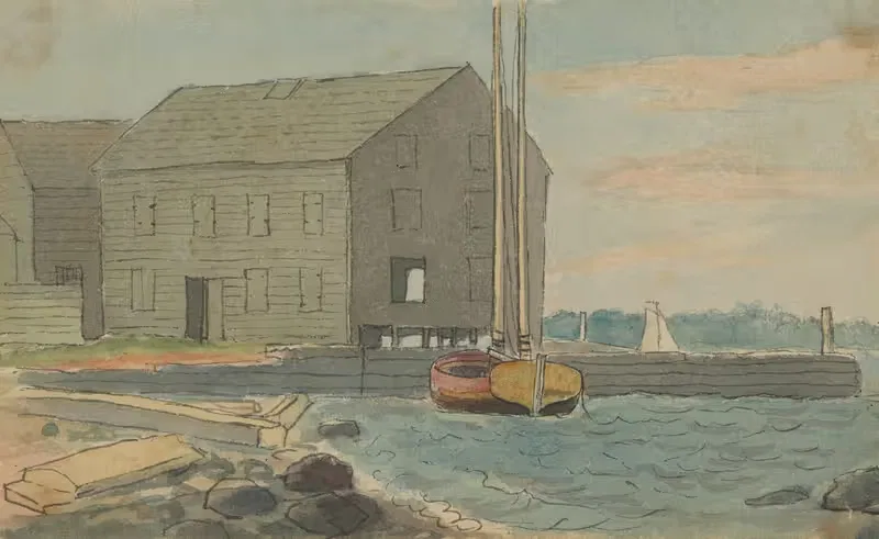 Harbor scene with small sailboat and gray building — Alexander Anderson