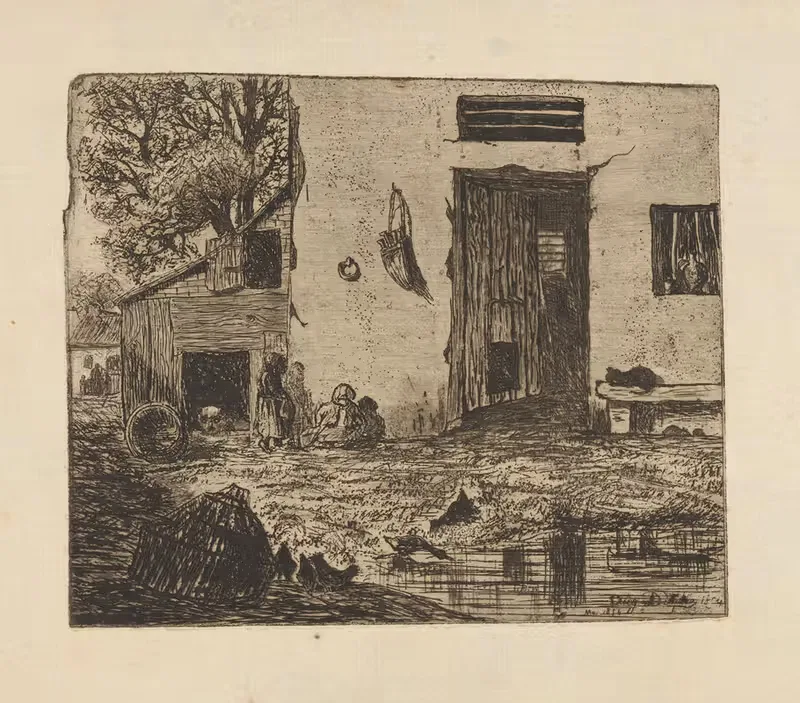 Children beside barn by Auguste Delâtre, 1854 — digital art print download