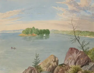 Fishermen on lake with sailboat by Edwin Whitefield — digital art print download