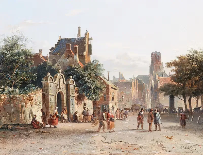 Belebte Straße in einer holländischen Stadt — Adrianus Eversen