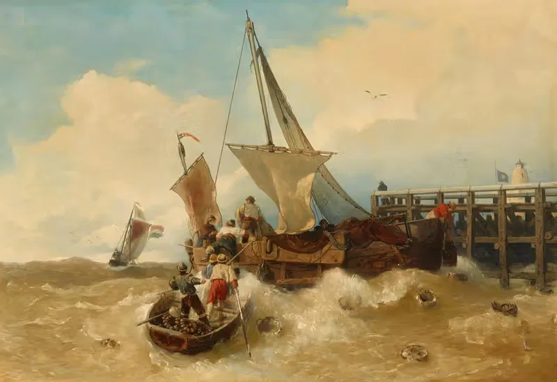 Рыбацкие лодки в бурном море by Андреас Ахенбах — digital art print download
