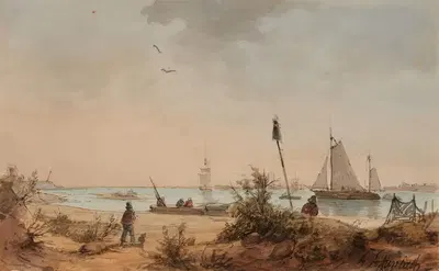 Прибрежный пейзаж с рыбаками и парусниками вдали by Андреас Ахенбах — digital art print download