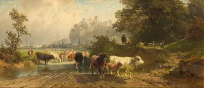Скотоводы в баварском пейзаже с видом на замок by Иоганн Фридрих Вольц, 1881 — digital art print download