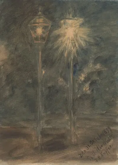 Eine alte und eine neue Gaslaterne in der Nacht des 31. Oktobers 1899 by Johann Michael Kupfer, 1899 — digital art print…