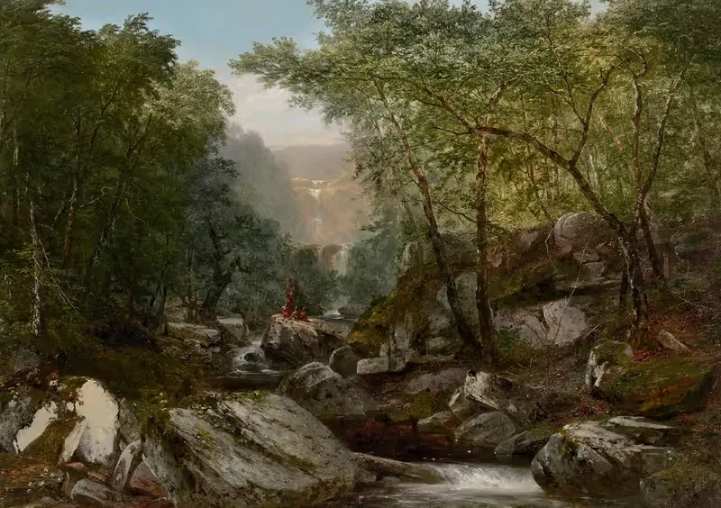 Водопад в лесу с индейцами by Джон Фредерик Кенсетт, 1850 — digital art print download
