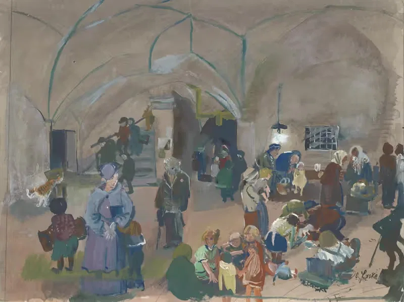 Szene in einem Luftschutzkeller by Oskar Laske, 1945 — digital art print download
