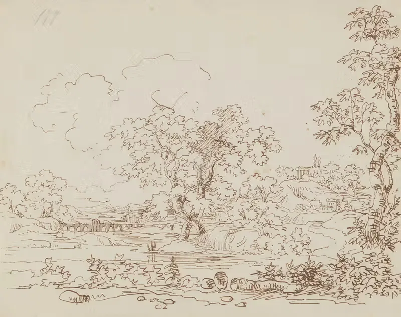 Landscape with a River, Stone Bridge and a Classical Building on a Hill — Arthur Blaschnik