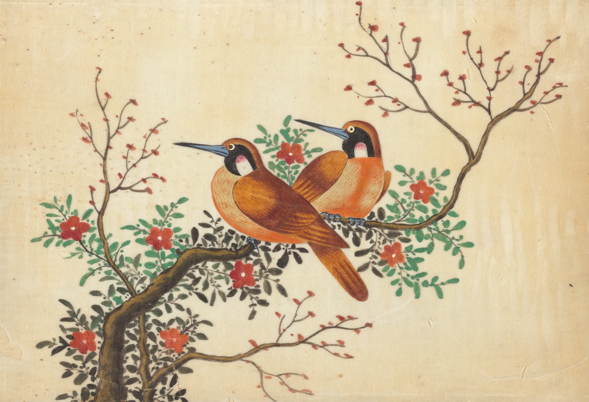 Two birds on flowering tree branch by Аноним, 1800-1899 — digital art print download