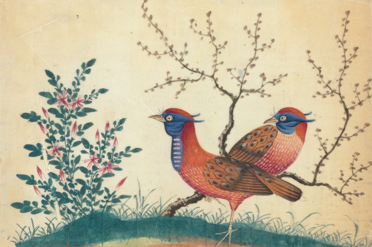 Two pheasant-like birds with flowering plants — Аноним