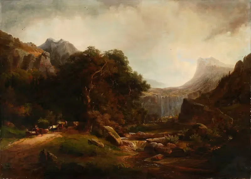 Mountainous landscape with waterfall by Alexandre Calame, 1847 - 1852 — digital art print download