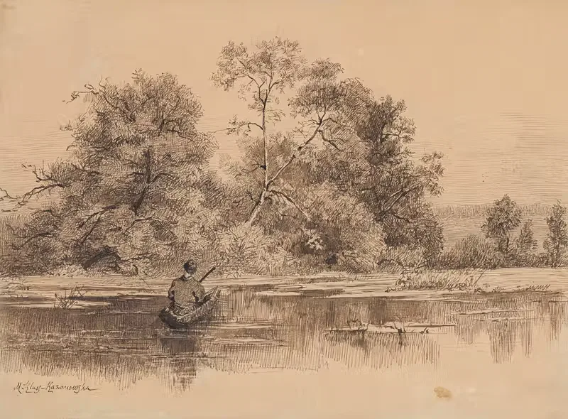 Waterside Landscape with a Man in a Boat — Maria Klass-Kazanowska
