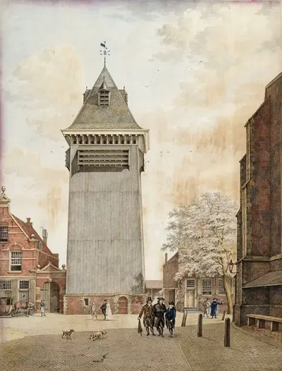 Gezicht op het Klokhuisplein met de klokhuistoren. by Hermanus Petrus Schouten, 1804 — digital art print download