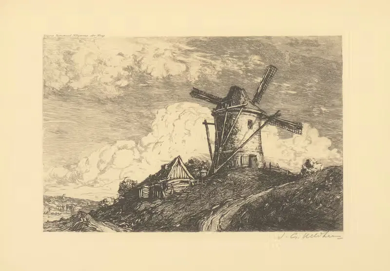 Molen met schuur op heuvel — Jacobus Gerardus Veldheer