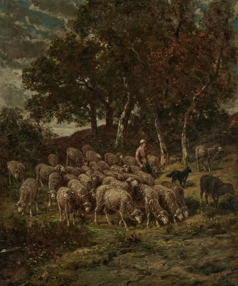 Shepherdess and her flock by Charles Emile Jacque — digital art print download