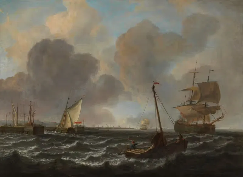 Havenhoofd met binnenvarend statenjacht — Frans Balthazar Solvijns