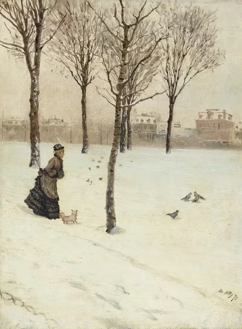 Signora sulla neve con cagnolino — Giuseppe De Nittis