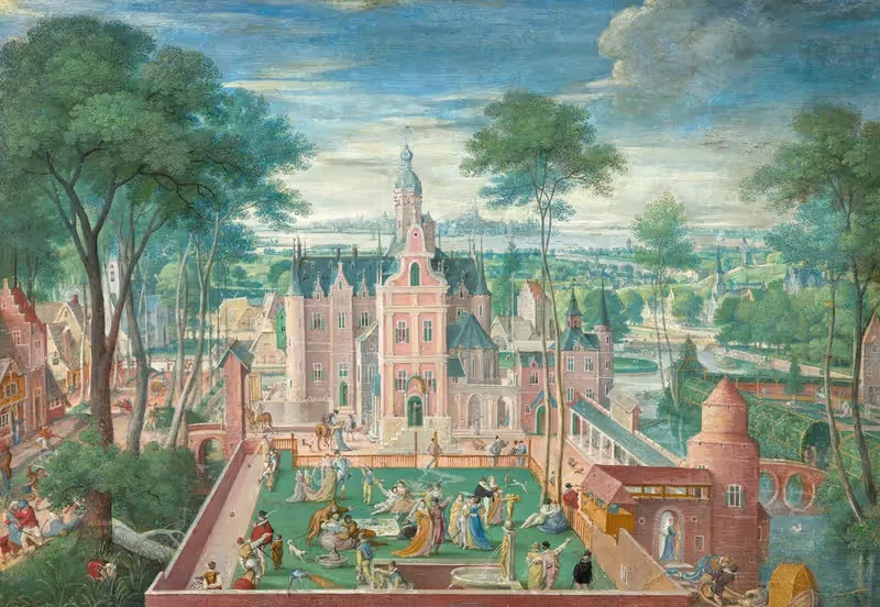 Elegant company in a garden — Hans Bol