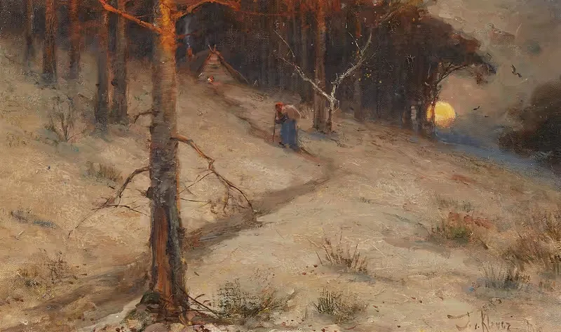 Abendliche Landschaft mit Kräutersammlerin — Julius Von Klever