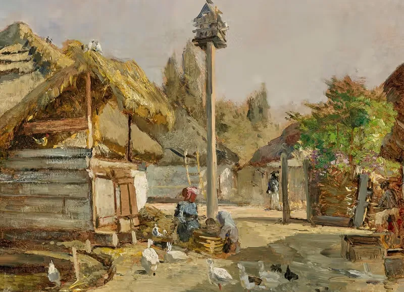 A farmyard with geese and chickens — Marie Egner