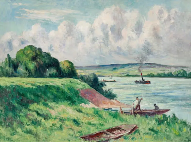 Rolleboise, barques et remorqueur sur le fleuve — Maximilien Luce